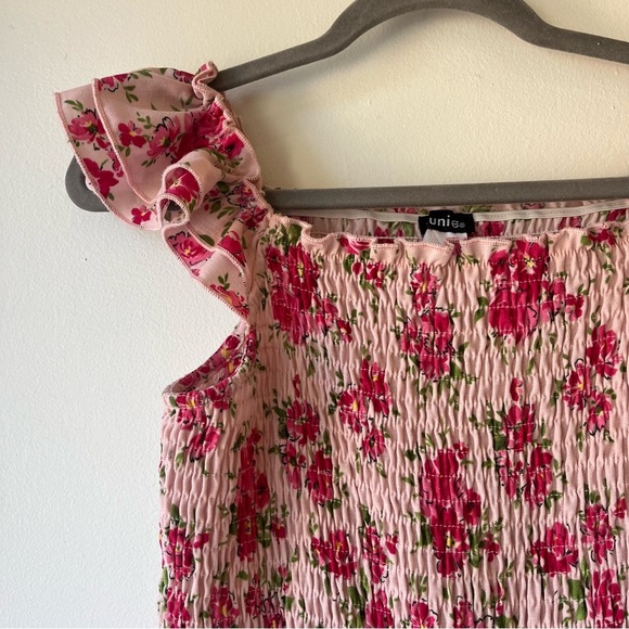 Zunie Girls Pink Floral Smocked Ruffle Sleeve Romper Size 14 Lined One Piece - Picture 5 of 10